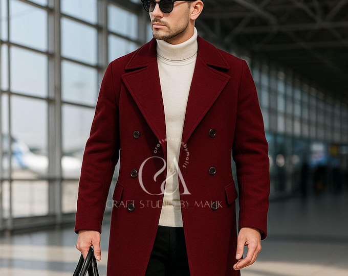 Men's Red Wool Overcoat: Handmade Double-Breasted Trench Jacket
