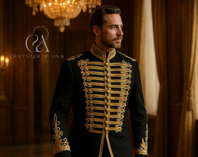 Luxury Men’s Black & Gold Embroidered Military Jacket Royal Formal Evening Coat Statement Designer Menswear