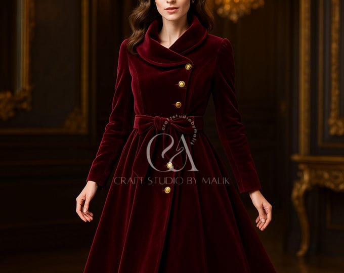 Handmade Velvet Flare Coat: Burgundy Winter Overcoat with Gold Buttons