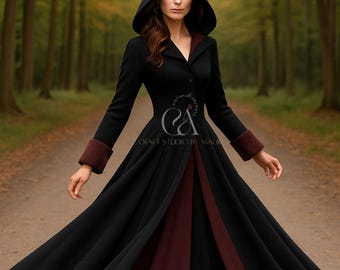 Gotische wollen jas met capuchon: middeleeuwse wintermantel, cosplaykostuum
