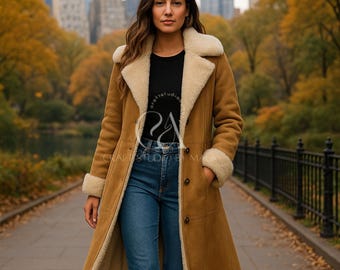 Manteau long en peau de mouton retourné pour femme, veste d'hiver en cuir véritable