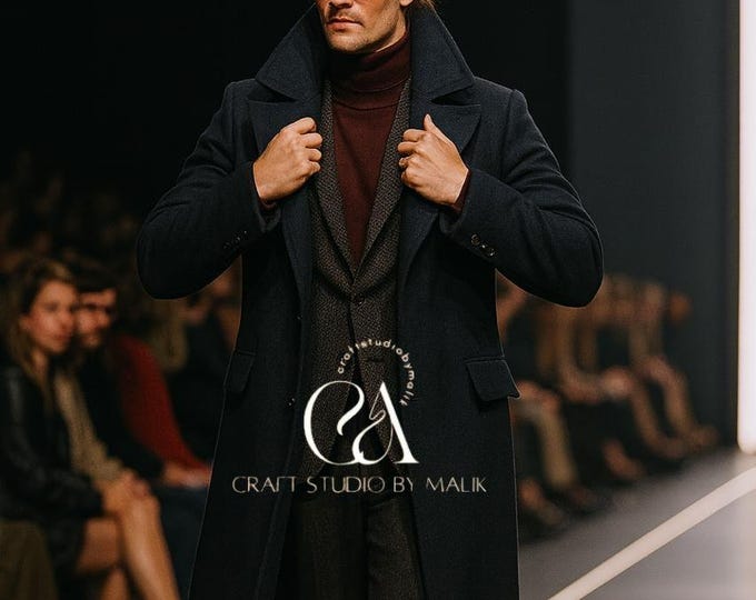 Handmade Men's Navy Wool Blend Overcoat: Victorian Steampunk Trench
