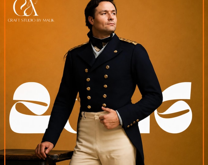 Navy Blue Wool Regency Tailcoat: 1840s Military Reenactment Coat