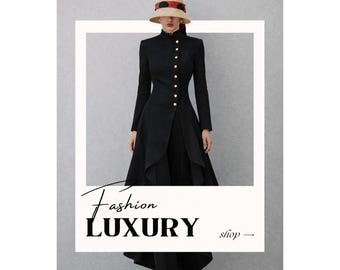 Military Style Long Coat in Wool & Velvet