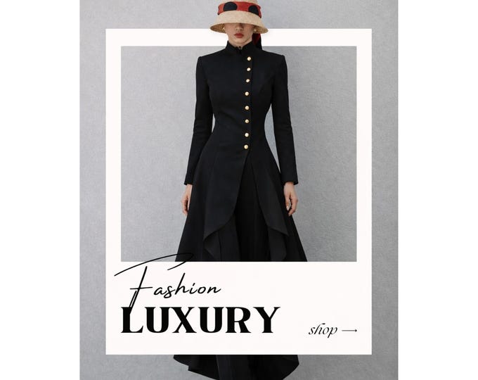Military Style Long Coat in Wool & Velvet