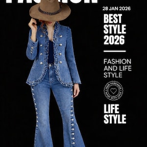Women’s denim co-ord set featuring blue denim jacket and flared pants, handmade vintage style denim outfit, stylish women denim two-piece set