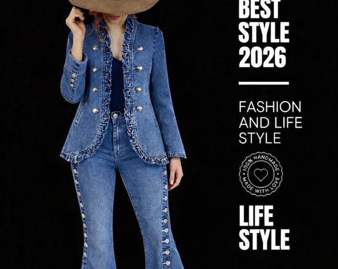 Women Denim Set, Vintage Flared Denim Outfit