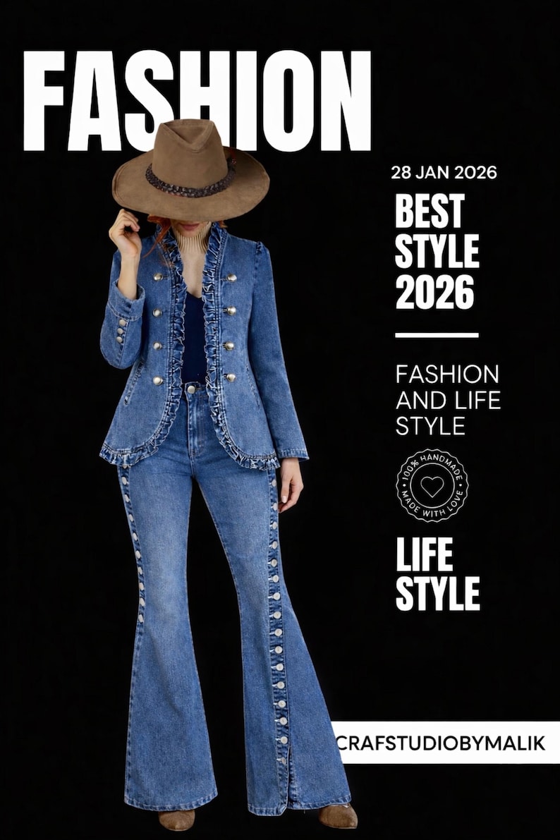 Women’s denim co-ord set featuring blue denim jacket and flared pants, handmade vintage style denim outfit, stylish women denim two-piece set