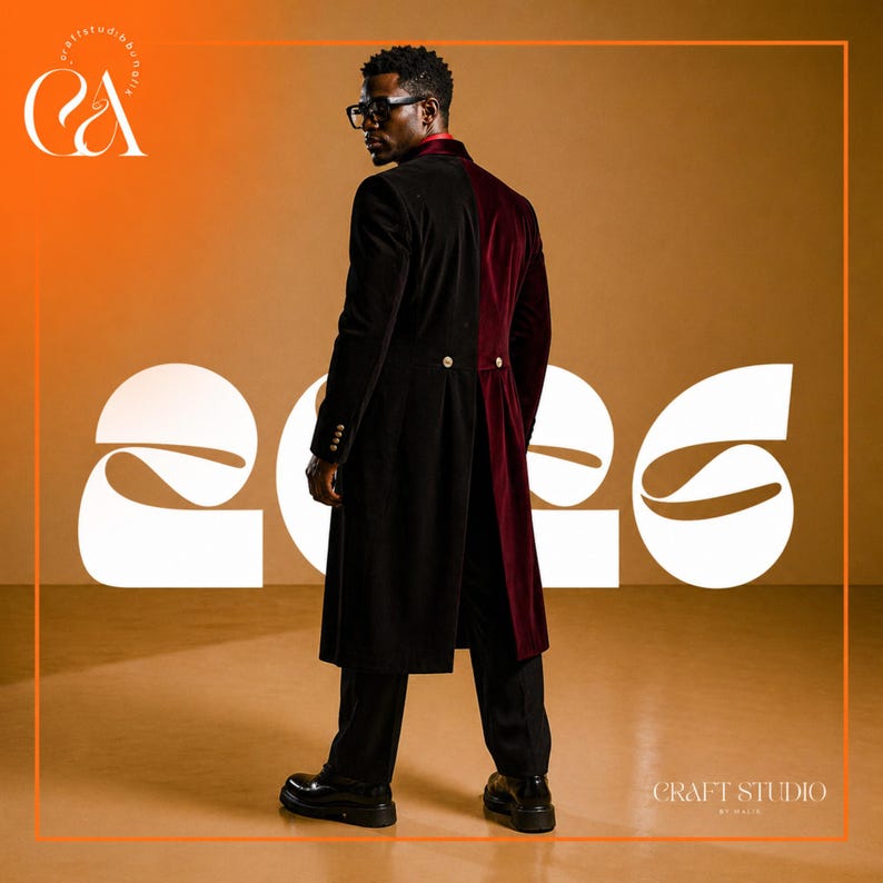 Peut inclure: Un homme porte un long manteau bicolore avec un design en velours noir et bordeaux. Le manteau a une fermeture &agrave; boutons et est associ&eacute; &agrave; un pantalon et des chaussures noirs. Le fond est un d&eacute;grad&eacute; d'orange et de marron avec le texte "2026" et "Craft Studio by Malik".