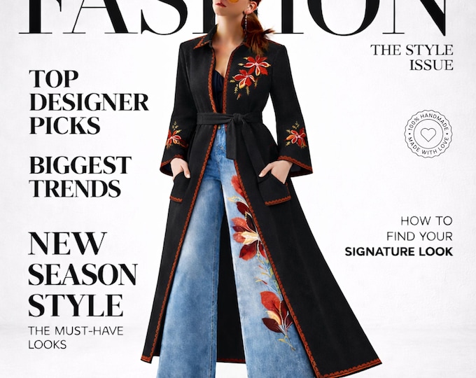 Black Embroidered Wool Coat with Wide Leg Denim Jeans