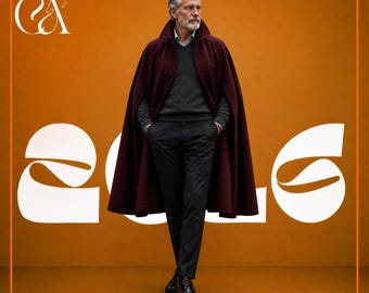 Regal Men's Wool Cape - Custom Luxury Burgundy Winter Cloak