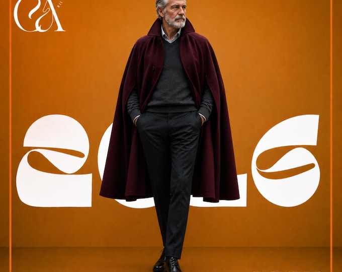 Regal Men's Wool Cape - Custom Luxury Burgundy Winter Cloak