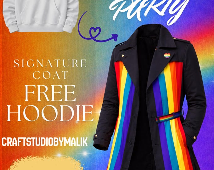 Pride Rainbow Trench Coat Handmade LGBTQ Luxury Statement Coat with Free Hoodie