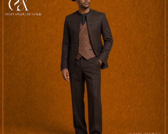 Collarless Men’s Wedding Suit, Brown Three Piece Groom Outfit, Custom Wide Leg Suit