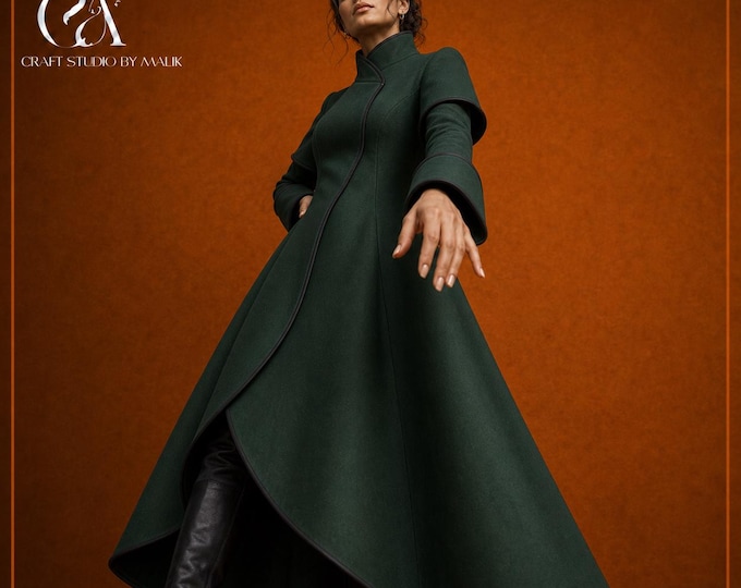 Forest Green Wool Coat Dress, Gothic Asymmetric Maxi Coat with Detachable Capelet