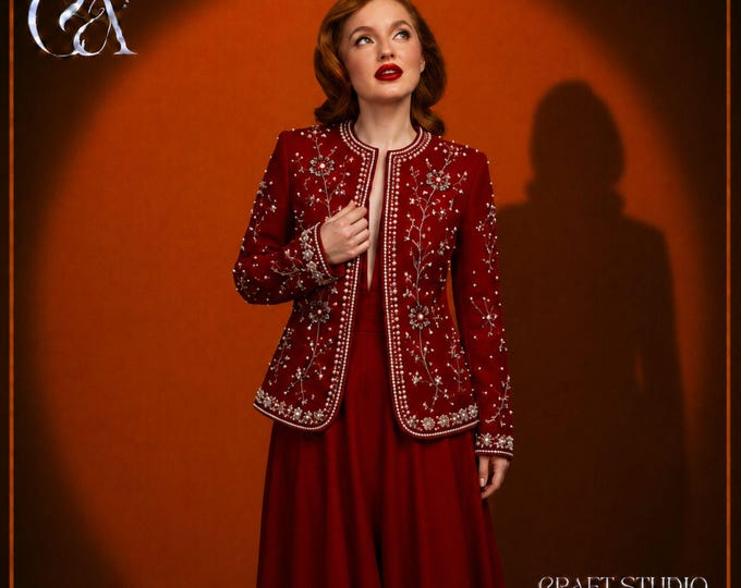 Red Beaded Embellished Jacket for Women, Pearl Rhinestone, Bridal Wedding Party Bolero Blazer