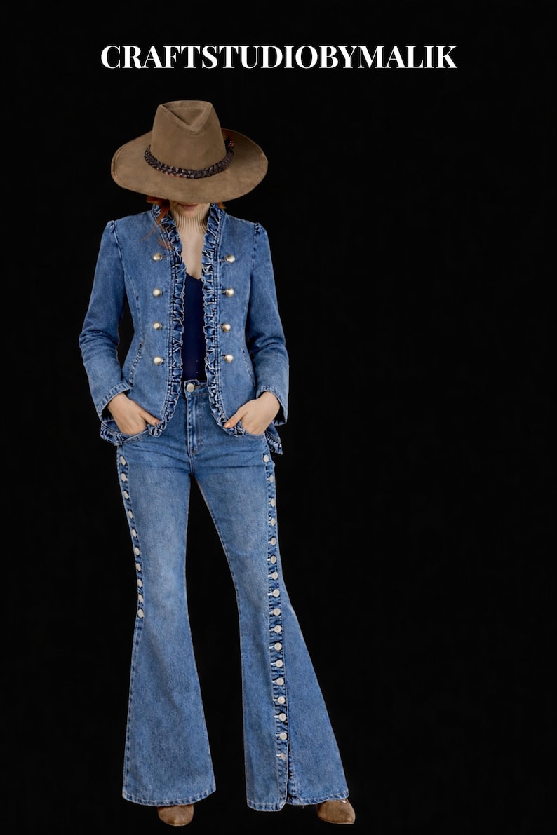 May include: A denim jacket and flared jeans ensemble. The jacket features gold buttons and ruffled trim. The jeans have decorative buttons down the sides. A brown hat with a beaded band completes the outfit. The text "CRAFTSTUDIOBYMALIK" is at the top.