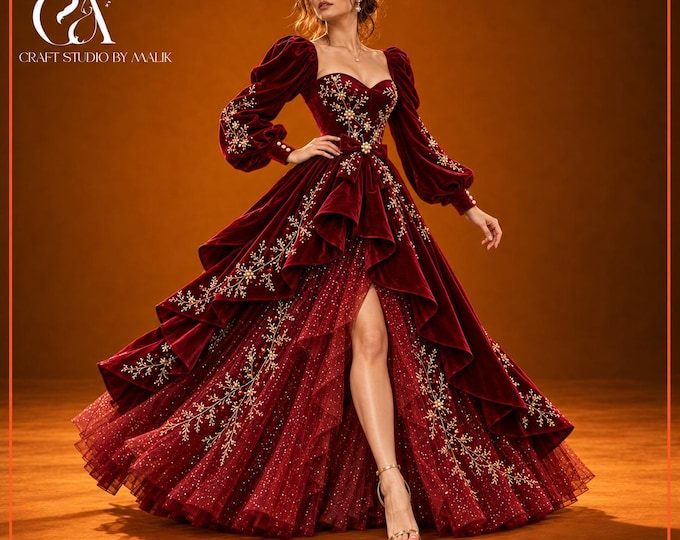 Burgundy Velvet Gown with Gold Embroidery, Puff Sleeves & Corset Back