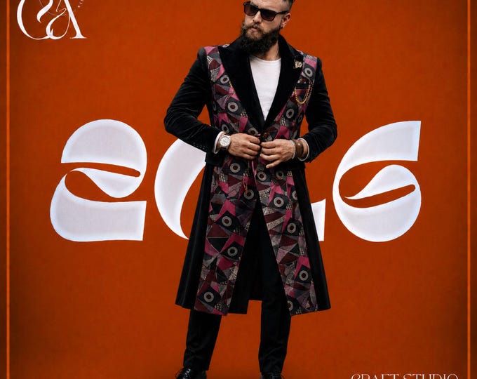 Men’s Velvet Long Coat, Custom Luxury Jacket