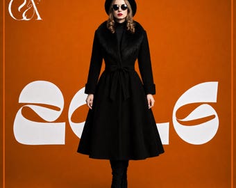 Black Wool Fit & Flare Coat with Faux Fur Collar, Belted Winter Overcoat