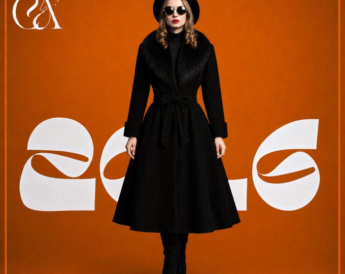Black Wool Fit & Flare Coat with Faux Fur Collar, Belted Winter Overcoat