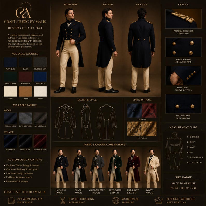 Peut inclure: Un frac bleu marine sur mesure avec des boutons dor&eacute;s et des &eacute;paulettes, pr&eacute;sent&eacute; avec des &eacute;chantillons de couleurs et des options de design. Le texte "Craft Studio by Malik" et "Bespoke Tailcoat" est inclus.