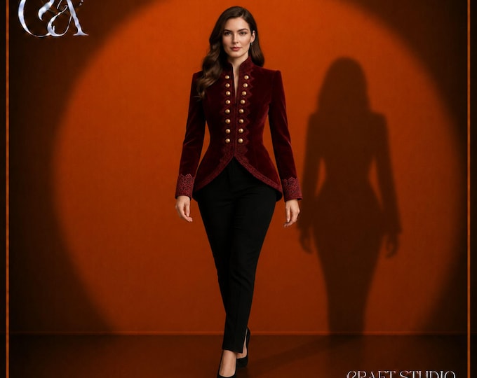 Handmade Burgundy Velvet Military Jacket: Women's Gold Button Coat
