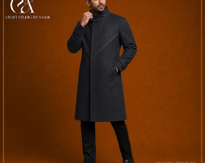 Men’s Asymmetric Wool Coat, Charcoal Funnel Neck Overcoat