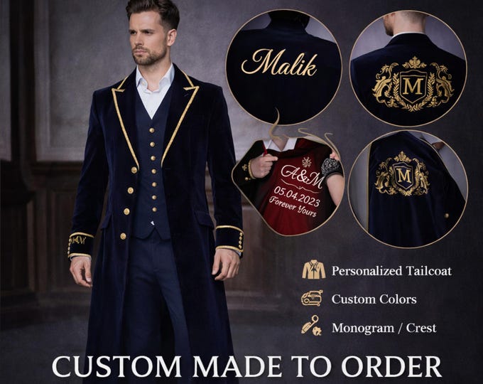 Personalized Velvet Tailcoat, Custom Name Embroidery, Family Crest