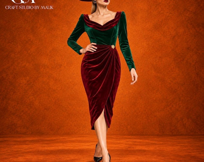 Green and Burgundy Velvet Midi Dress, Long Sleeve Draped Cocktail Style