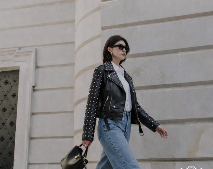 Women Leather Biker Studded Jacket