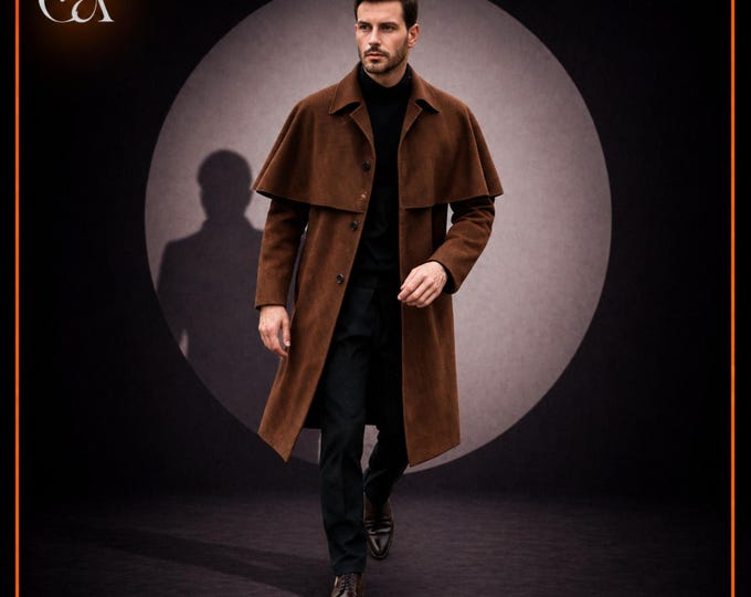Men's Handmade Wool Inverness Cape Coat - Brown Sherlock Holmes Overcoat