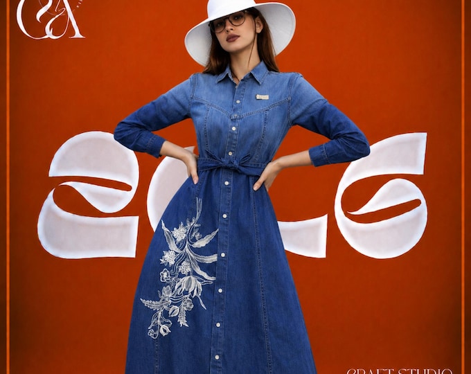 Embroidered Denim Midi Button Down Jean Dress, Belted Women Shirt