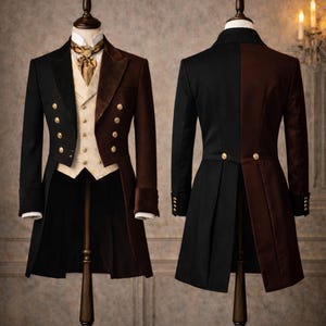 Peut inclure: Deux tenues de c&eacute;r&eacute;monie pr&eacute;sent&eacute;es. L'une est noire et marron avec des boutons dor&eacute;s, un gilet cr&egrave;me et une cravate dor&eacute;e. L'autre est noire et marron. Le texte "CRAFTSTUDIOBYMALIK" est en haut.
