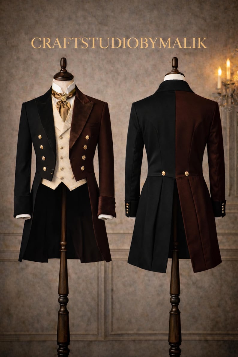 Peut inclure: Deux tenues de c&eacute;r&eacute;monie pr&eacute;sent&eacute;es. L'une est noire et marron avec des boutons dor&eacute;s, un gilet cr&egrave;me et une cravate dor&eacute;e. L'autre est noire et marron. Le texte "CRAFTSTUDIOBYMALIK" est en haut.
