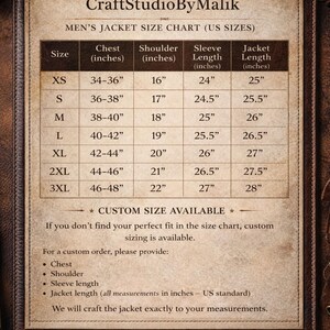 Peut inclure: Tableau des tailles de vestes pour hommes de CraftStudioByMalik, avec mesures de poitrine, &eacute;paules, manches et longueur de veste en pouces. Tailles de XS &agrave; 3XL. Tailles personnalis&eacute;es disponibles.