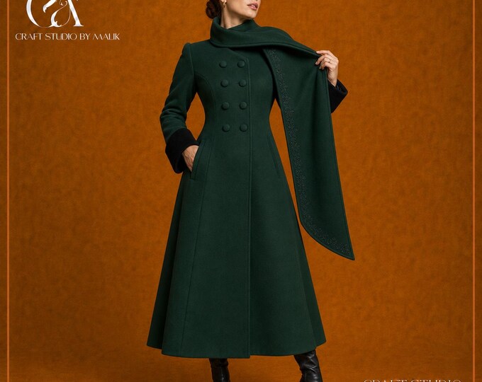 Women's Bottle Green Wool Scarf Coat