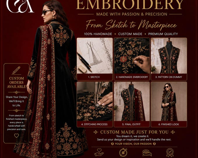 Custom Handmade Embroidery Dress, Made to Your Design, Bespoke Embroidered Suit, Wedding & Formal Wear