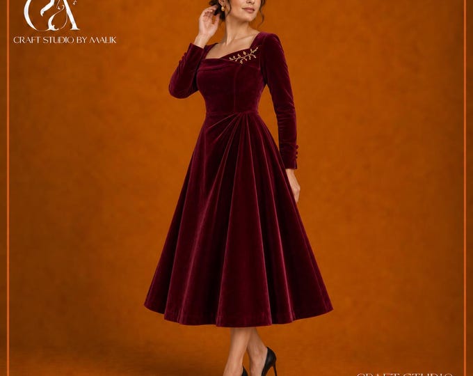 Burgundy Velvet Midi Dress with Gold-Tone Embroidery and Long Sleeves
