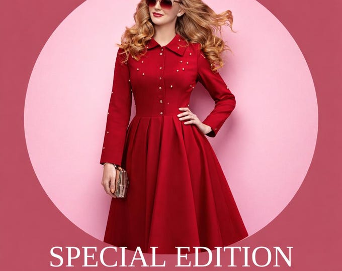 Red A Line Dress, Long Sleeve, Wedding Guest Outfit