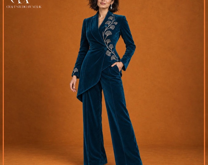 Women's Teal Velvet Pantsuit, Silver Embroidery, Asymmetric Blazer and Wide Leg Trousers