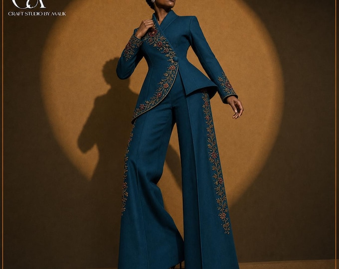 Teal Embroidered Pantsuit, Custom Women’s Blazer & Wide-Leg Trousers