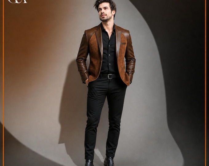 Men’s Brown Leather Jacket, Suede Blazer, Slim Fit Custom Jacket