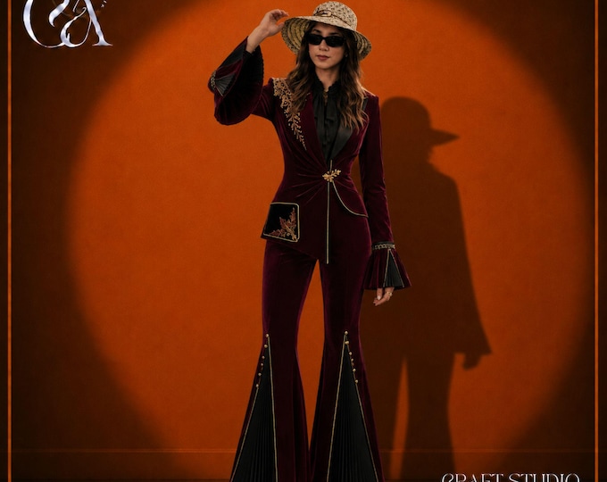 Burgundy Velvet Pantsuit for Women with Pleated Flare Pants, Embroidered Blazer Suit