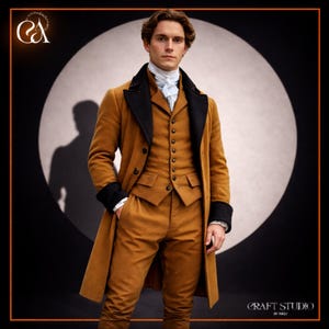 Può includere: Un uomo in un completo a tre pezzi color senape con un cappotto lungo, revers e polsini neri. L'abito è abbottonato e l'uomo indossa una camicia bianca e una cravatta. Lo sfondo presenta un grande cerchio bianco e un'ombra.