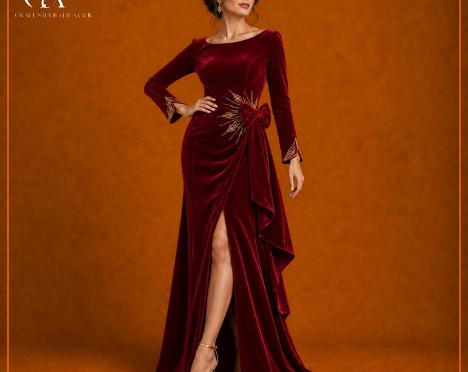Ruby Red Velvet Christmas Gown, Gold Embroidered Bow Waist Evening Dress