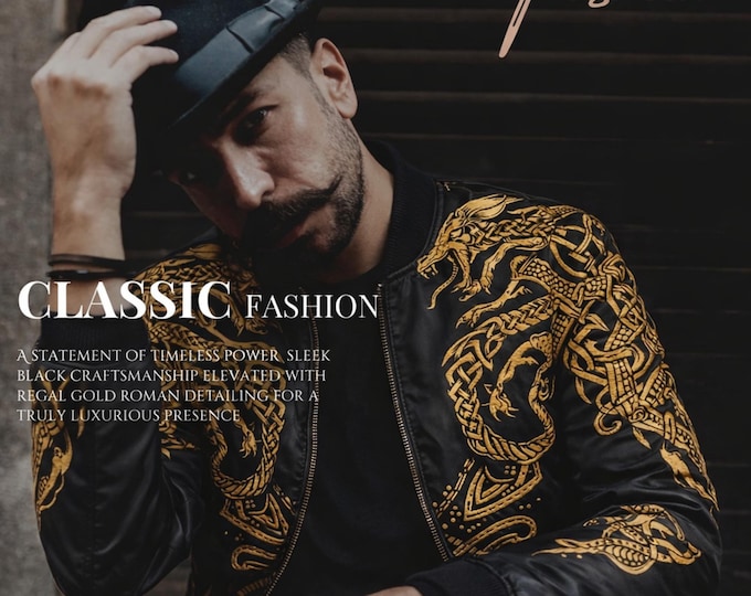 Black Bomber Jacket, Gold Dragon Printed Satin Jacket