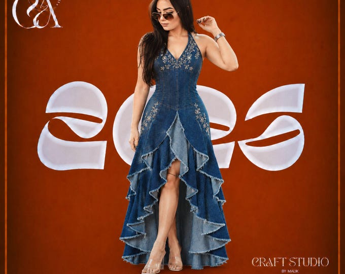 Blue Denim High Low Dress for Women Embroidered Boho Maxi