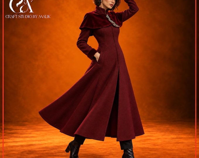 Women's Burgundy Long Coat with Velvet Capelet and Gold Detailing