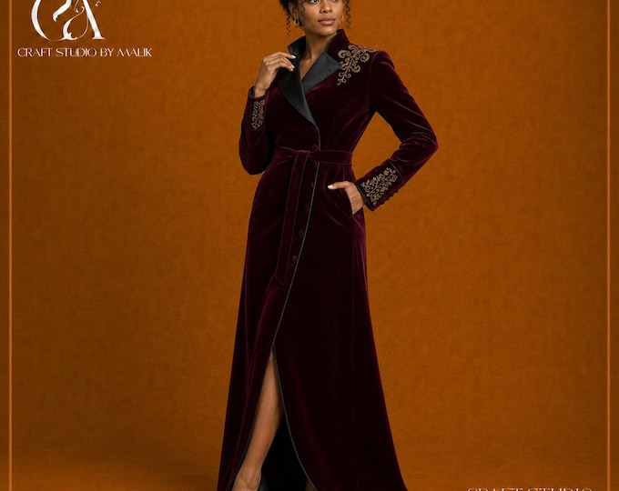 Burgundy Velvet Opera Coat Dress with Gold Embroidery, Custom Women’s Formalwear